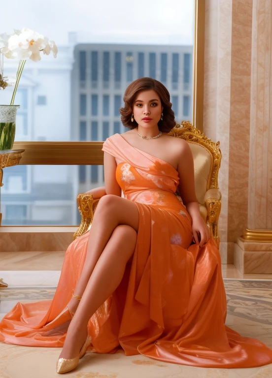 Masterpice oil paint araffe sitting in a chair in a room with a window, on her throne, sitting on her throne, official white house portrait, 🦩🪐🐞👩🏻🦳, in majestic, flowing salmon-colored silk, unedited, regal pose, end of an era, glamorous pose, masterpiece work of art, orange robe, posing elegantly