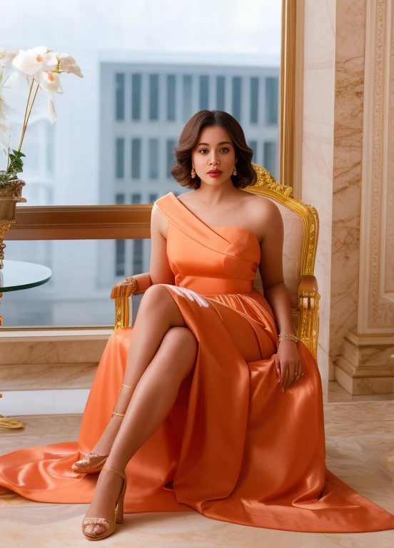 Masterpice oil paint araffe sitting in a chair in a room with a window, on her throne, sitting on her throne, official white house portrait, 🦩🪐🐞👩🏻🦳, in majestic, flowing salmon-colored silk, unedited, regal pose, end of an era, glamorous pose, masterpiece work of art, orange robe, posing elegantly