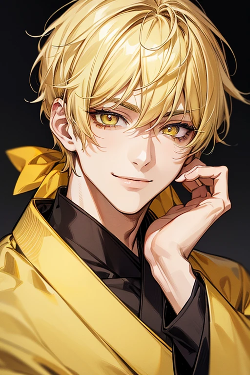 (muste piece), (best quality), extremely detailed, 1 man, solo, perfect face, pretty face, highly detailed face,yellow short hair, yellow eyebrows、Handsome man with expressive eyes, smiling, yellow eyes、(((kimono)))
