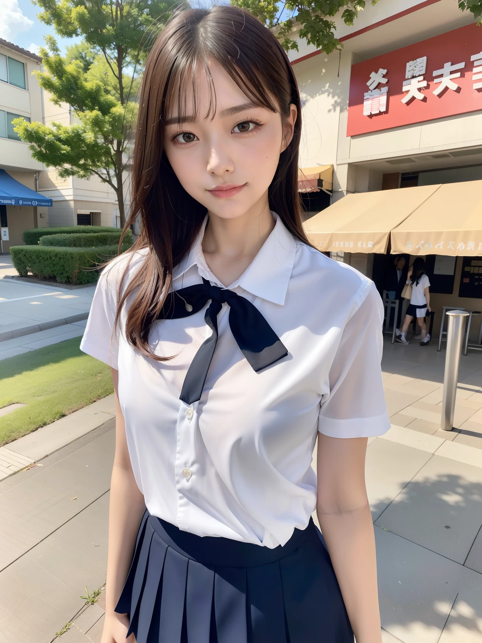 bra top, school uniform skirt, ((of the highest quality, 8K, masutepiece: 1.3, Raw photo)), Sharp Focus: 1.2, (1 AESPA Girl :1.1), (Solo: 1.15), (Realistic, Photorealistic: 1.37), (Face Focus: 1.1), Cute face, hyperdetailed face, Short messy hair, updo, Small breasts, flat chest, Thigh, amusement park, flower, wind