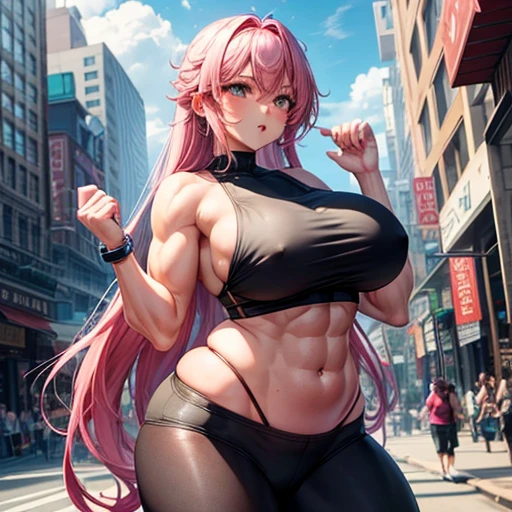 4k,young girl,female,beauty,(8 abs),pink hair,强壮,Bulging veins,sexy,肱二头肌,(large and round boobs),(plump boobs),very strong,Jade feet,do the block,on the street,in public places,(six pack),show her large muscle,feet,complacentand self-confident,(Lifting heavy and large objects),Tights,the boobs as big as bead