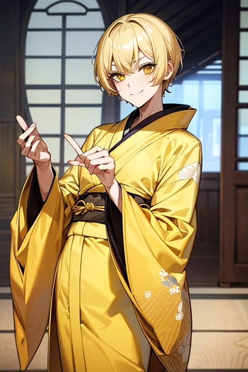 (muste piece), (best quality), extremely detailed, 1 man, solo, perfect face, pretty face, highly detailed face，yellow short hair, yellow eyebrows、Handsome man with expressive eyes, smiling, yellow eyes、(((kimono)))、Huangze Ryota