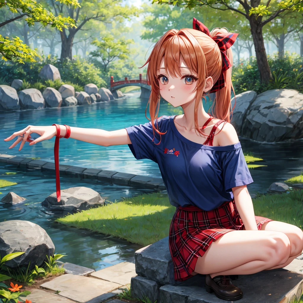 Red-blonde、blue hair、blue eyeraid、ponytail、one good looking girl、solo、anime、Plaid miniskirt、black t-shirt、camisole、forest、sitting、Wearing a plaid baseball cap、Tilting your face、Doing the ribbon、sunset sky、stone bridge、stone stairs、petal、A small bird  flying、big tree、tunnel、squirt、Bang、stretching one&#39;s back、Fallen leaves