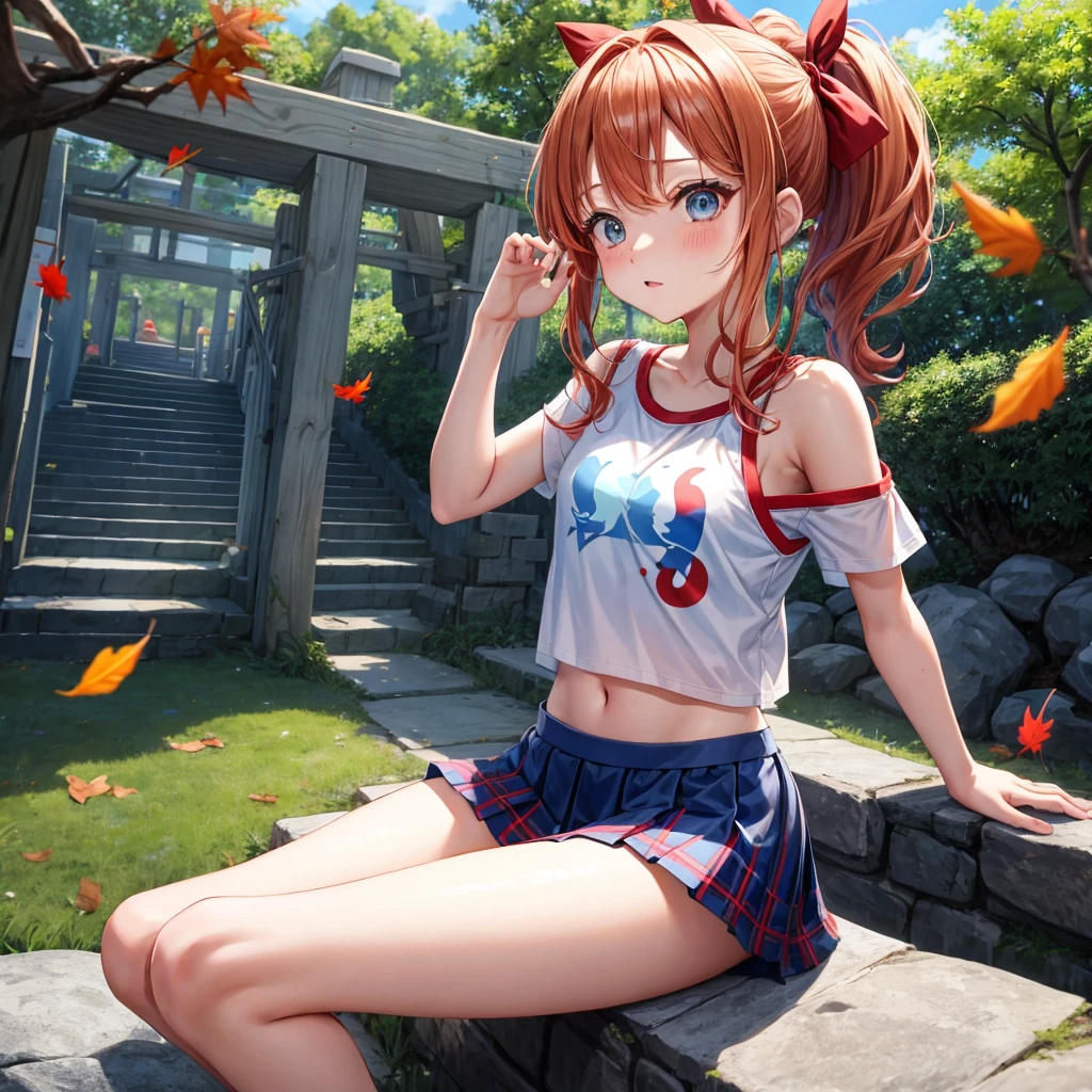 Red-blonde、blue hair、blue eyeraid、ponytail、one good looking girl、solo、anime、Plaid miniskirt、black t-shirt、camisole、forest、sitting、Wearing a plaid baseball cap、Tilting your face、Doing the ribbon、sunset sky、stone bridge、stone stairs、petal、A small bird flying、big tree、tunnel、squirt、Bang、stretching one's back、Fallen leaves