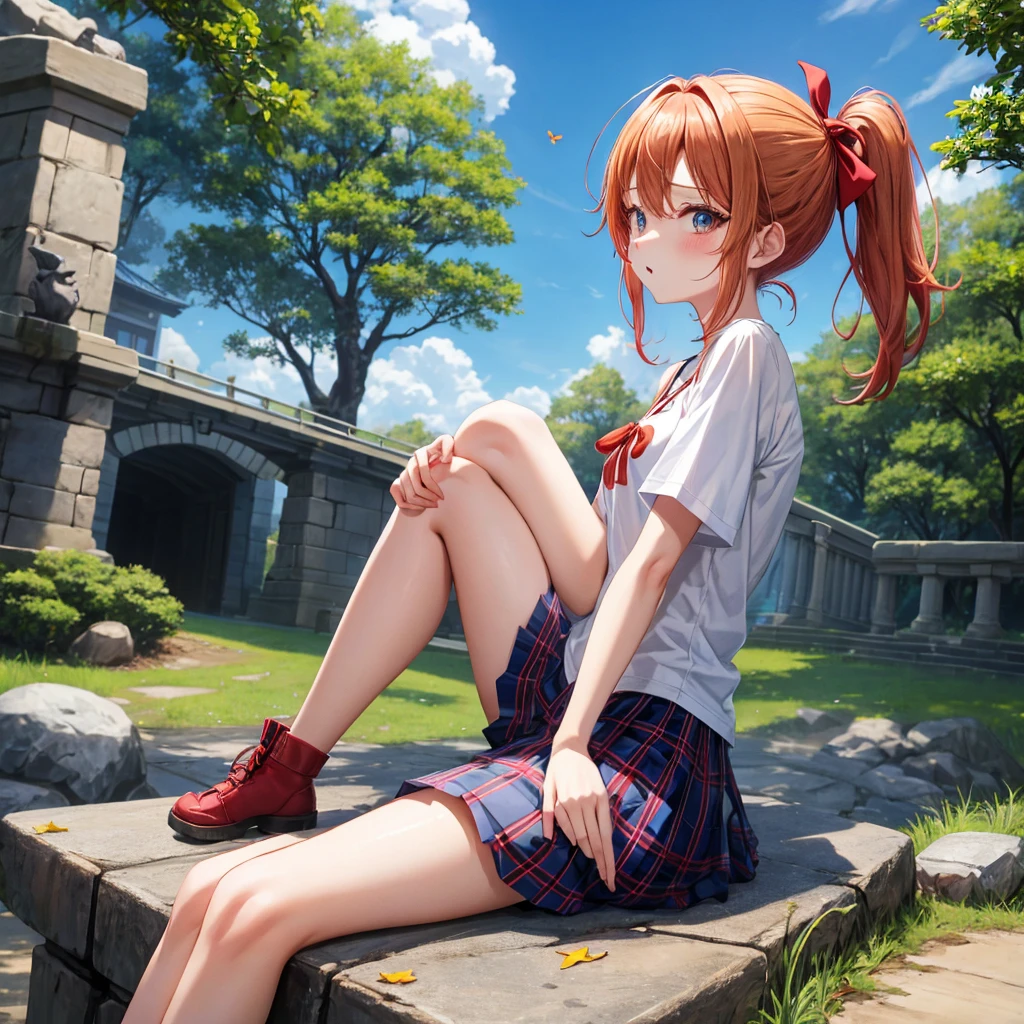 Red-blonde、blue hair、blue eyeraid、ponytail、one good looking girl、solo、anime、Plaid miniskirt、black t-shirt、camisole、forest、sitting、Wearing a plaid baseball cap、Tilting your face、Doing the ribbon、sunset sky、stone bridge、stone stairs、petal、A small bird  flying、big tree、tunnel、squirt、Bang、stretching one&#39;s back、Fallen leaves