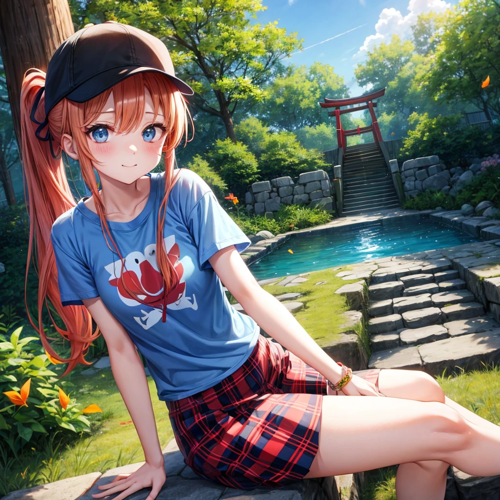 Red-blonde、blue hair、blue eyeraid、ponytail、one good looking girl、solo、anime、Plaid miniskirt、black t-shirt、camisole、forest、sitting、Wearing a plaid baseball cap、Tilting your face、Doing the ribbon、sunset sky、stone bridge、stone stairs、petal、A small bird  flying、big tree、tunnel、squirt、Bang、stretching one&#39;s back、Fallen leaves