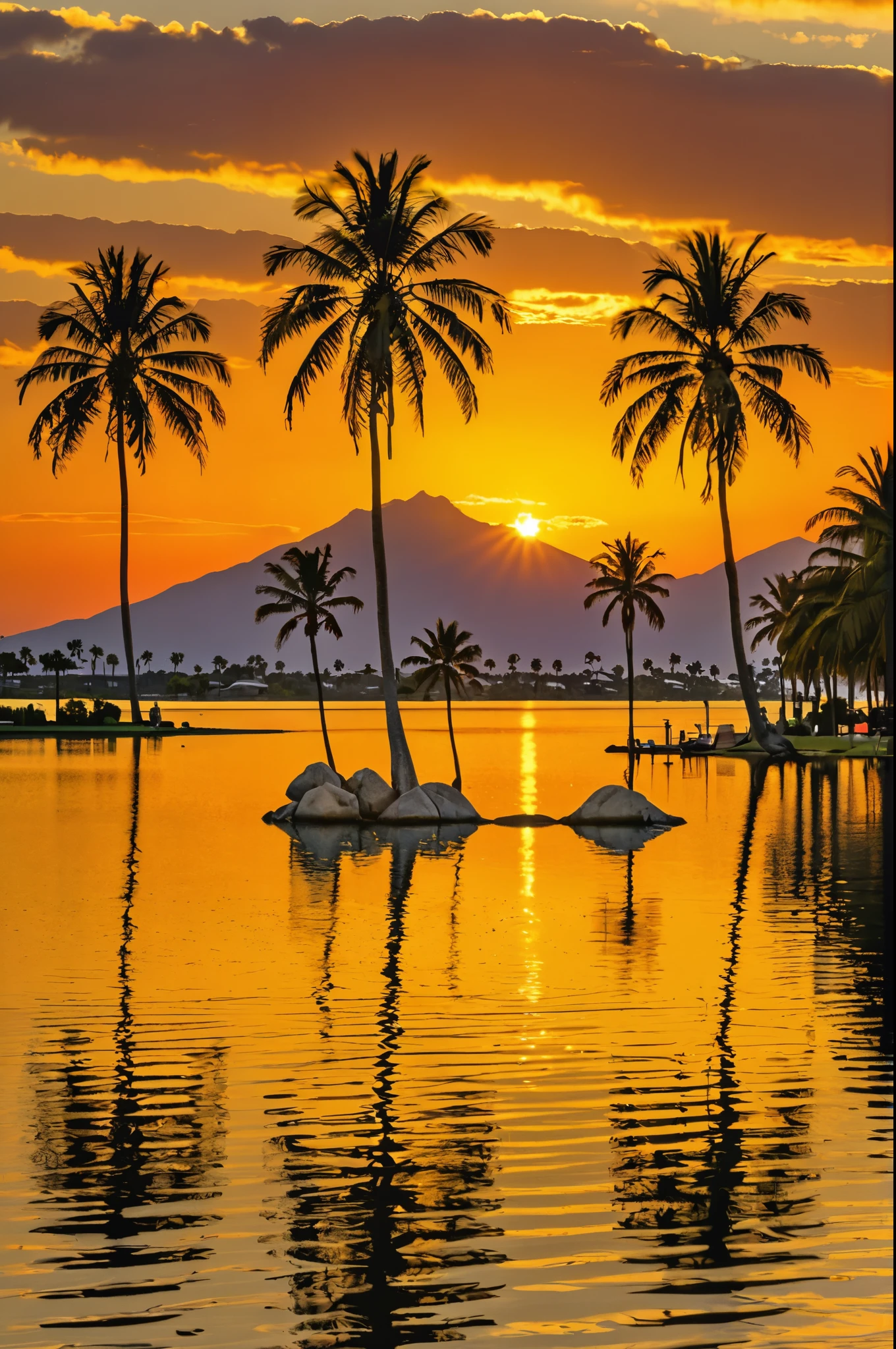 (best quality, HDR, ultra-detailed, vivid colors:1.2), sunset, lagoon, lakes, tranquil, serene, shimmering water, golden reflections, distant mountains, palm trees silhouettes, warm hues, gentle breeze, soft waves, colorful sky, vibrant clouds, peaceful atmosphere, evening glow, remarkable beauty