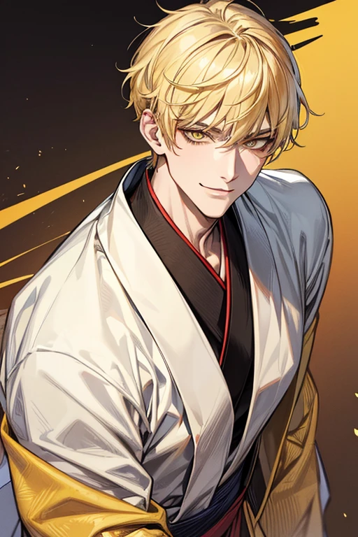 (muste piece), (best quality), extremely detailed, 1 man, solo, perfect face, pretty face, highly detailed face,yellow short hair, yellow eyebrows、Handsome man with expressive eyes, smiling, yellow eyes、(((kimono)))、Huangze Ryota