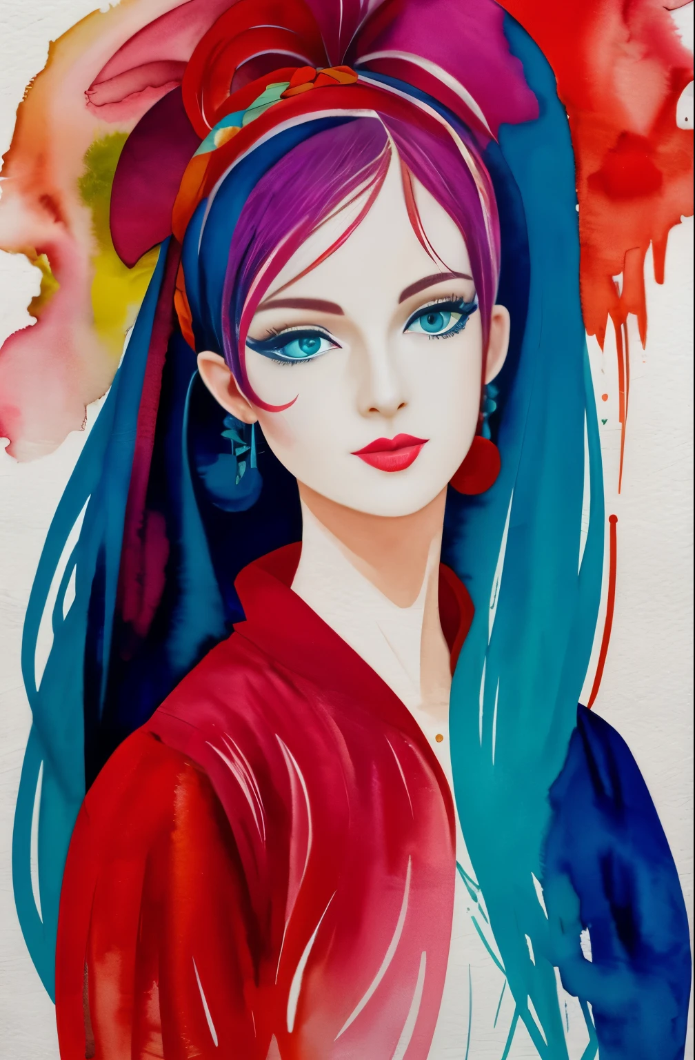 painting of a woman with a red and white face, Sylvia Pelissero watercolors, tumbler, abstract art, Intense watercolor painting, watercolor detailed art, watercolor splash, surreal, Avant-garde pop art, Beautiful and expressive painting, Beautiful artwork illustration, very colorful tones, Fantastic, cool beauty, highest quality,official art, women only, sharp outline, best shot, vector art