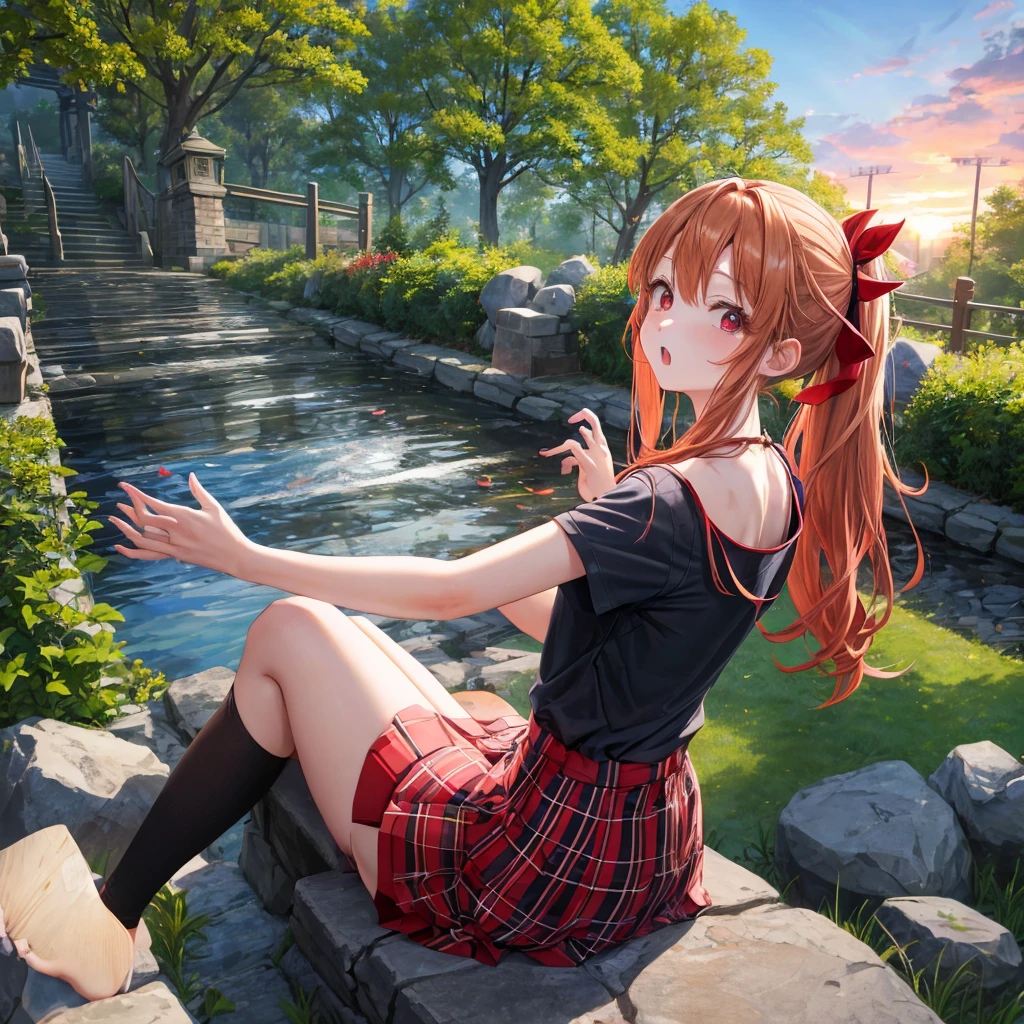 Red-blonde、blue hair、blue eyeraid、ponytail、one good looking girl、solo、anime、Plaid miniskirt、black t-shirt、camisole、forest、sitting、Wearing a plaid baseball cap、Tilting your face、Doing the ribbon、sunset sky、stone bridge、stone stairs、petal、A small bird flying、big tree、tunnel、squirt、Bang、stretching one's back、Fallen leaves