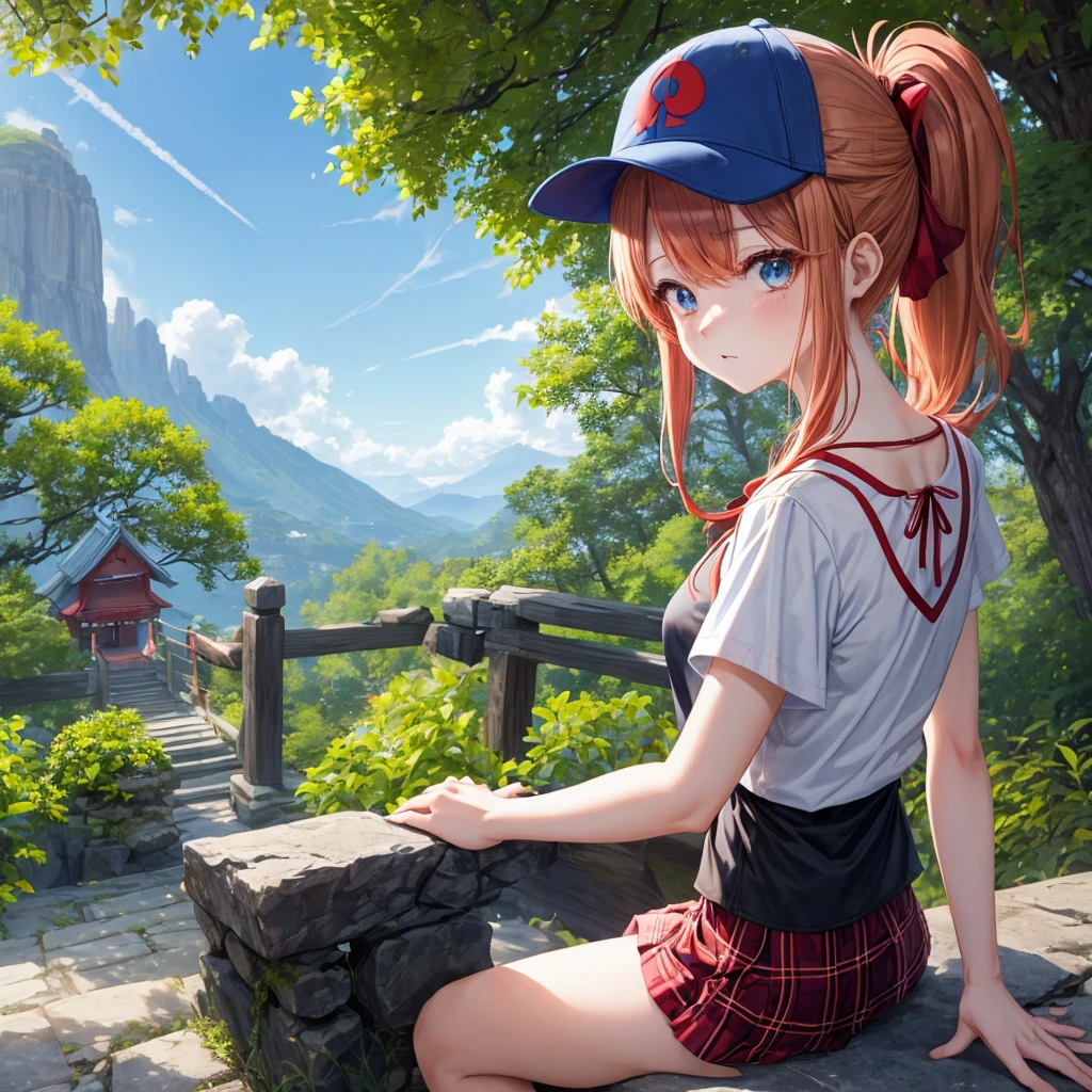 Red-blonde、blue hair、blue eyeraid、ponytail、one good looking girl、solo、anime、Plaid miniskirt、black t-shirt、camisole、forest、sitting、Wearing a plaid baseball cap、Tilting your face、Doing the ribbon、sunset sky、stone bridge、stone stairs、petal、A small bird  flying、big tree、tunnel、squirt、Bang、stretching one&#39;s back、Fallen leaves