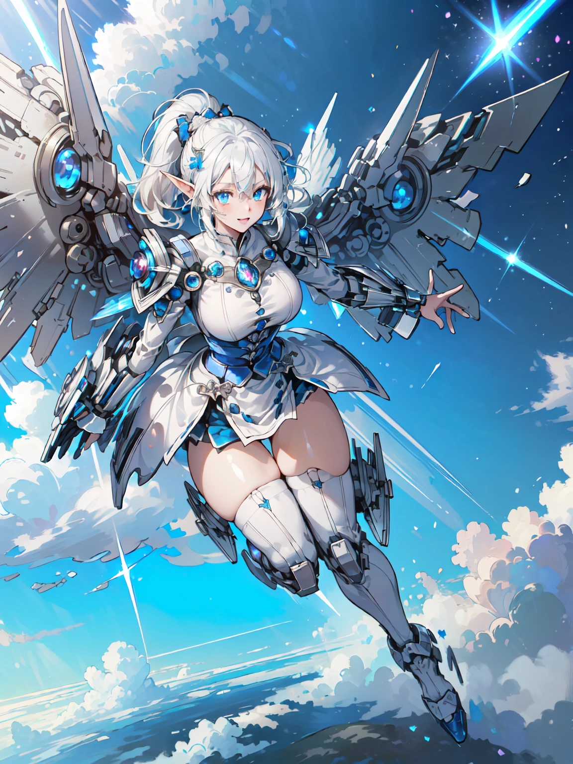 (masterpiece、highest quality, wonderful, very detailedティッカーユニティ、8k wallpaper, Depth of bounds written, Ultra-fine illustration:1.5)、。.。.3D, very detailed, (Full body Esbian、Mecha elf girl:1.3), sci-fi battlefield, Hawken, smile, open your mouth、short ponytail hair, (white blonde hair, deep blue eyes:1.2), sparkling eyes, cute顔, cute, big breasts, delicate hair, messy hair, (((Flying high in the sky))、blue sky, White cloud), shiny hair, shiny skin, (Symmetrical mechanical winetallic colored mechanical wings that are widely expanded to the left and right so that they protrude wonderfully from the screen, headgear, white hair ornament), (particles of light, cinematic lighting: 1.3), (light pink lips: 0.8), by Yusuke Murata.