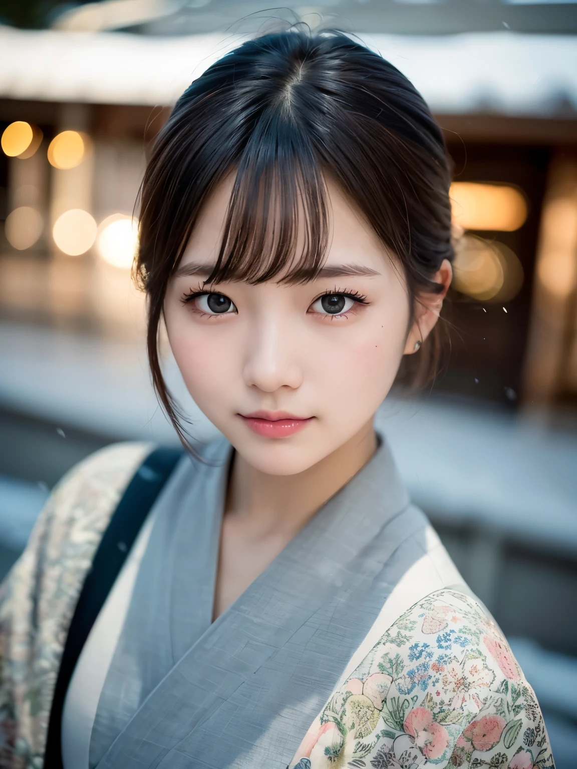 ((of the highest quality, 8K, masutepiece: 1.3, Raw photo)), Sharp Focus: 1.2, (1 AESPA Girl :1.1), Solo, (Realistic, Photorealistic: 1.37), (Face Focus: 1.1), Cute face, hyperdetailed face, (short messy hair: 1.2), Small Smile, Japanese theme, flower pattern KIMONO, standing at the Japan Garden, (heavy snow:1.2), cinematic lighting, Beautiful Japanese makeup, A beautiful woman that symbolizes Japan culture, Costumes with bright patterns, 
BREAK 
(background of muted colors:1.2), (faded photo:1.3), polaroid photo, (film grain:1.3), depth of field, (bokeh:1.1), (light and shadow:1.1), (Cowboy shot:1.2), 