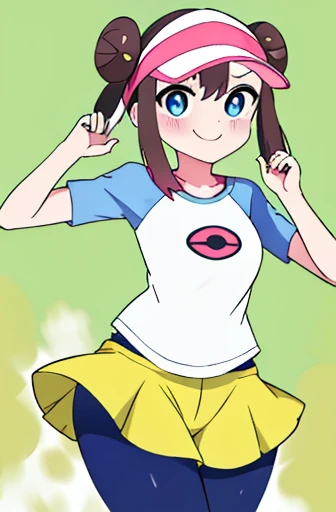 masterpiece、highest quality、high resolution、ro1、bun hair、blue eyes、twin tails、visor cap、pantyhose、raglan sleeve、Yellow shorts、shirt、pink ribbon、watch、Are standing、cowboy shot、field、monster Ball \(basic\)、smile、women stink、Attack with farts、feel shy