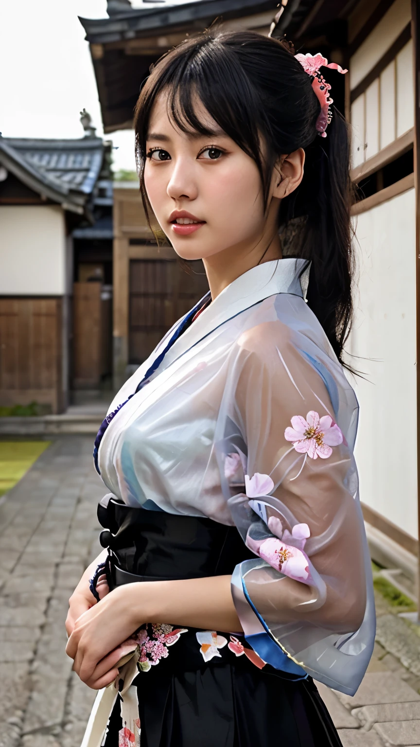 NSFW、最high quality、high quality、best image quality、8K、最High resolution、High resolution、最high quality、masterpiece、RAW photo、realistic atmosphere、(detailed face)、(fine hands、thumb１reference４)、(beauty of japan )、very nice face、cute face、((beautiful japanese girl))、(japanese woman), ((18 year old beautiful girl))、(glossy black hair)、(straight long hair)、(ponytail)、whole body、slim style、(shiny skin)、(Fair skin, Glossy skin)、real human skin、realistic human body structure、perfect body， perfect face， perfect hands， perfect fingers， perfect lips， perfect eyes，perfect teeth、perfect background， perfect atmosphere， natural soft light、photon mapping、samurai kimono、maiko kimono、servant、geisha kimono、japanese kimono、japanese traditional、In front of a samurai residence in Japan、((Sheer transparent random color(floral samurai kimono、side slit hakama))