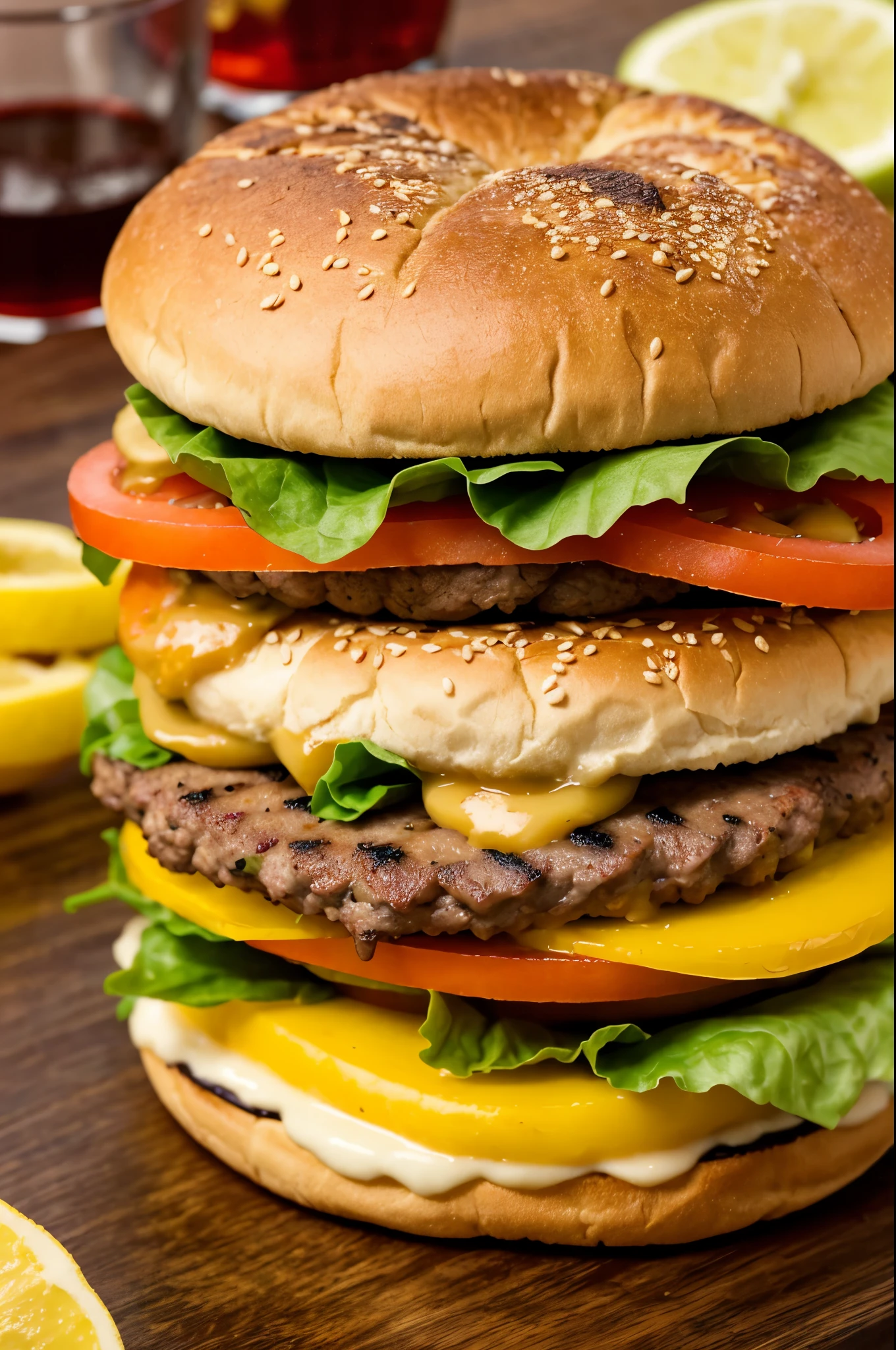 hamburguer, com duas carnes alface, servido numa bandeja bem elaborada