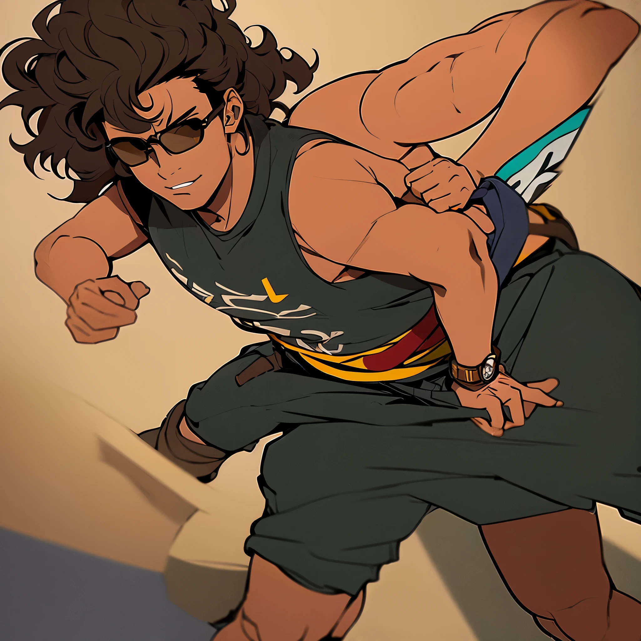 Jovem, pele morena,with a serious expression on his face, medium dark curly hair, usando regata, forte, olhos pretos, wearing a pair of sunglasses,with cargo pants, watch on left wrist, alta qualidade melhor qualidade