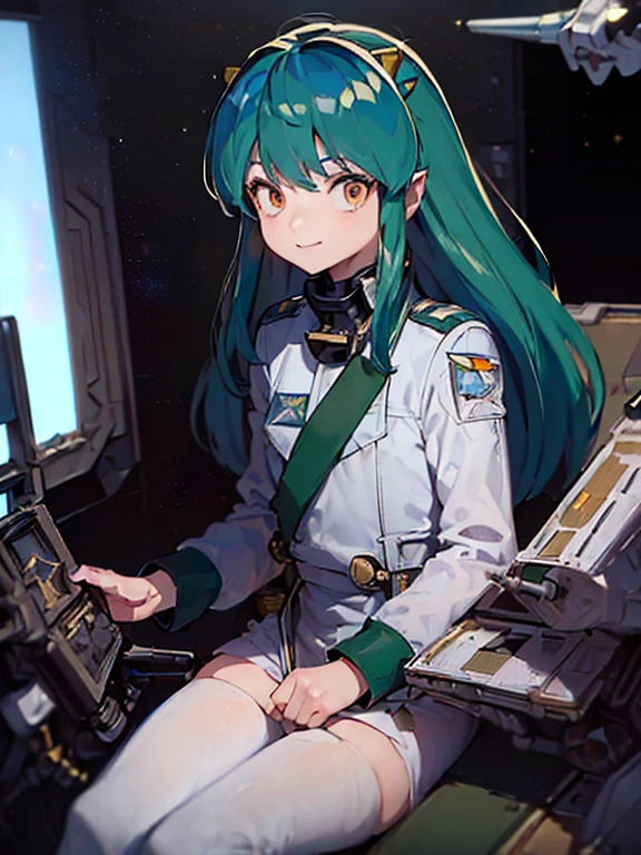 16k,(masterpiece:2),(best quality:2),(realistic),((ultra detailed)),(cinema lighting),(upper body), 2-tone green color long hair, a matured female,medium breasts,(a pilot of  a small space fighter:2),(((((sitting and manipulating the control stick by hands)))),((in white spacesuit)),,(smile),lum,lumlum,horns,,(((in the cockpit of a  small space fighter))),((((looking forward))),,(((many stars and the outer space out of the cockpit))),