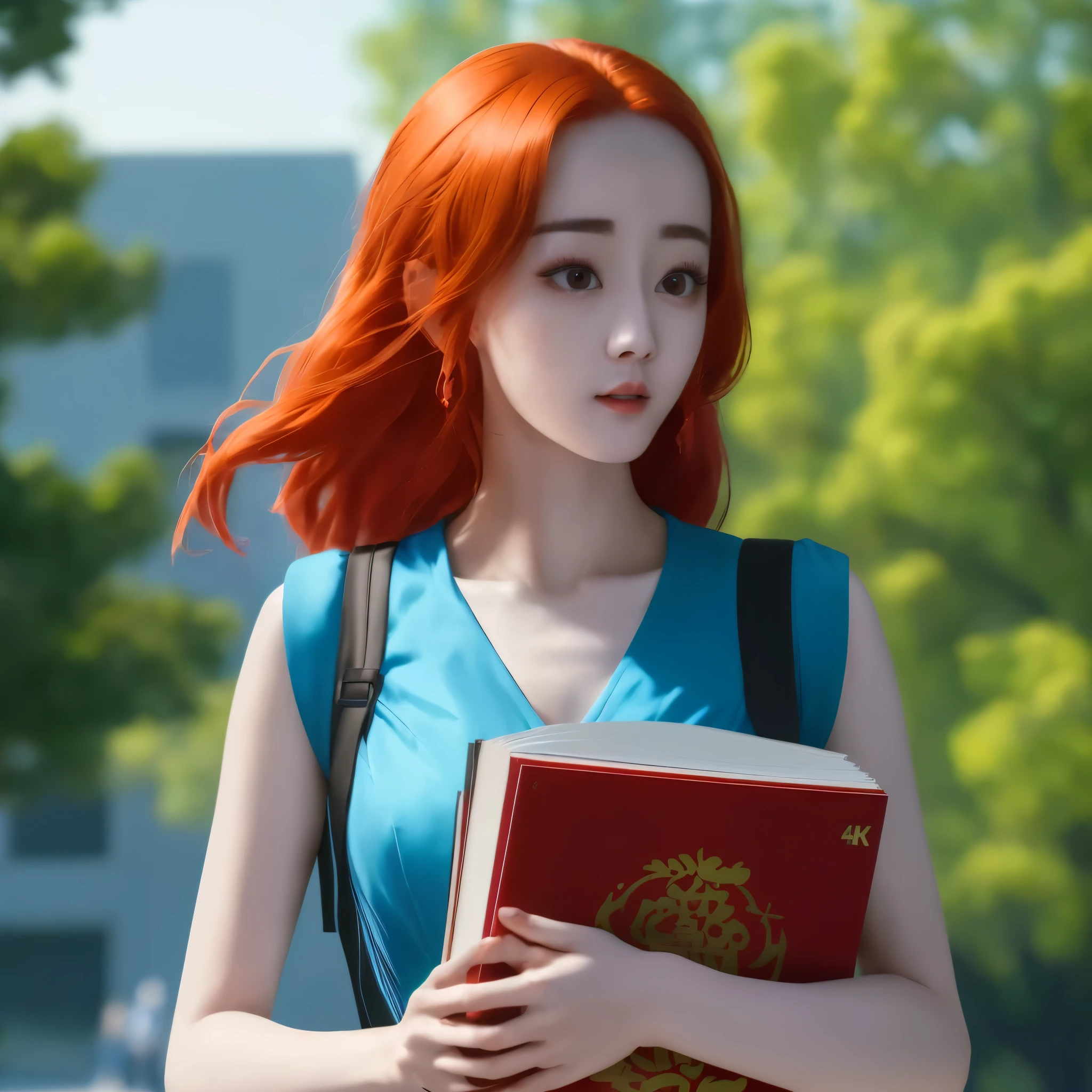 (best quality,4k,8k,highres,masterpiece:1.2),ultra-detailed, red haired Chinese college student, Dilraba Dilmurat, walking on campus. blue sundress, carrying books HDR, 8k, absurdres, cinestill 800, sharp focus