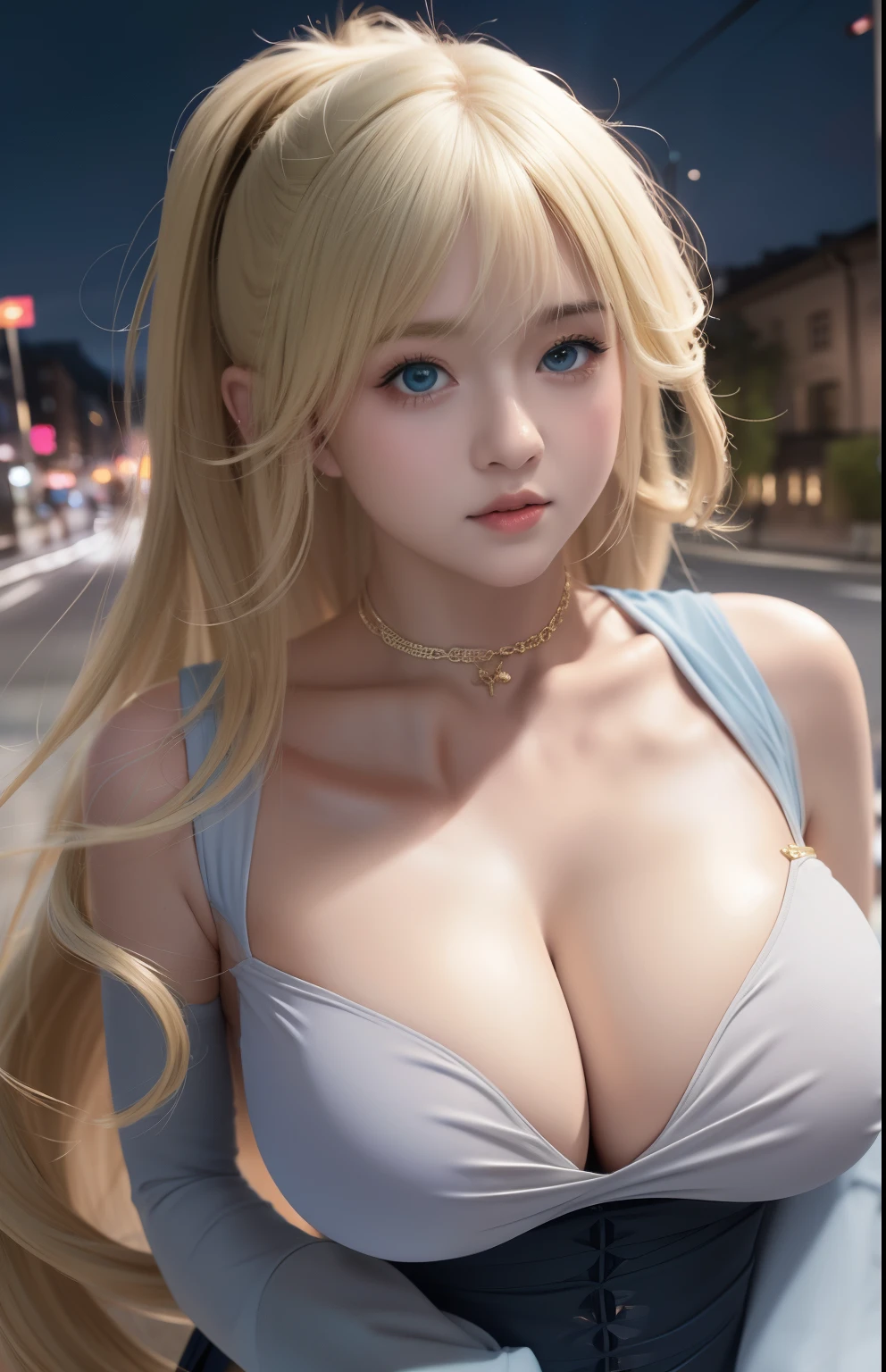 blond woman with big breast posing in a city street at night, realistic anime 3 d style, hyper realistic anime, smooth anime cg art, 3 d anime realistic, photorealistic anime, artwork in the style of guweiz, photorealistic anime girl render, detailed digital anime art, hyperrealistic schoolgirl, seductive anime girl, beautiful alluring anime woman, anime highly detailed, chubby