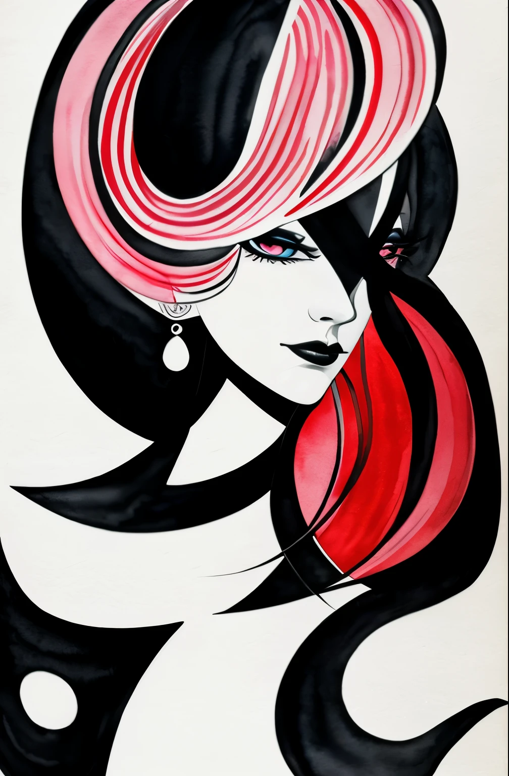 black and white drawing of a woman with a face, Sylvia Pelissero watercolors, tumbler, abstract art, Intense watercolor painting, watercolor detailed art, watercolor splash, surreal, Avant-garde pop art, Beautiful and expressive painting, Beautiful artwork illustration, very colorful tones, Fantastic, cool beauty, highest quality,official art, women only, sharp outline, best shot, vector art
