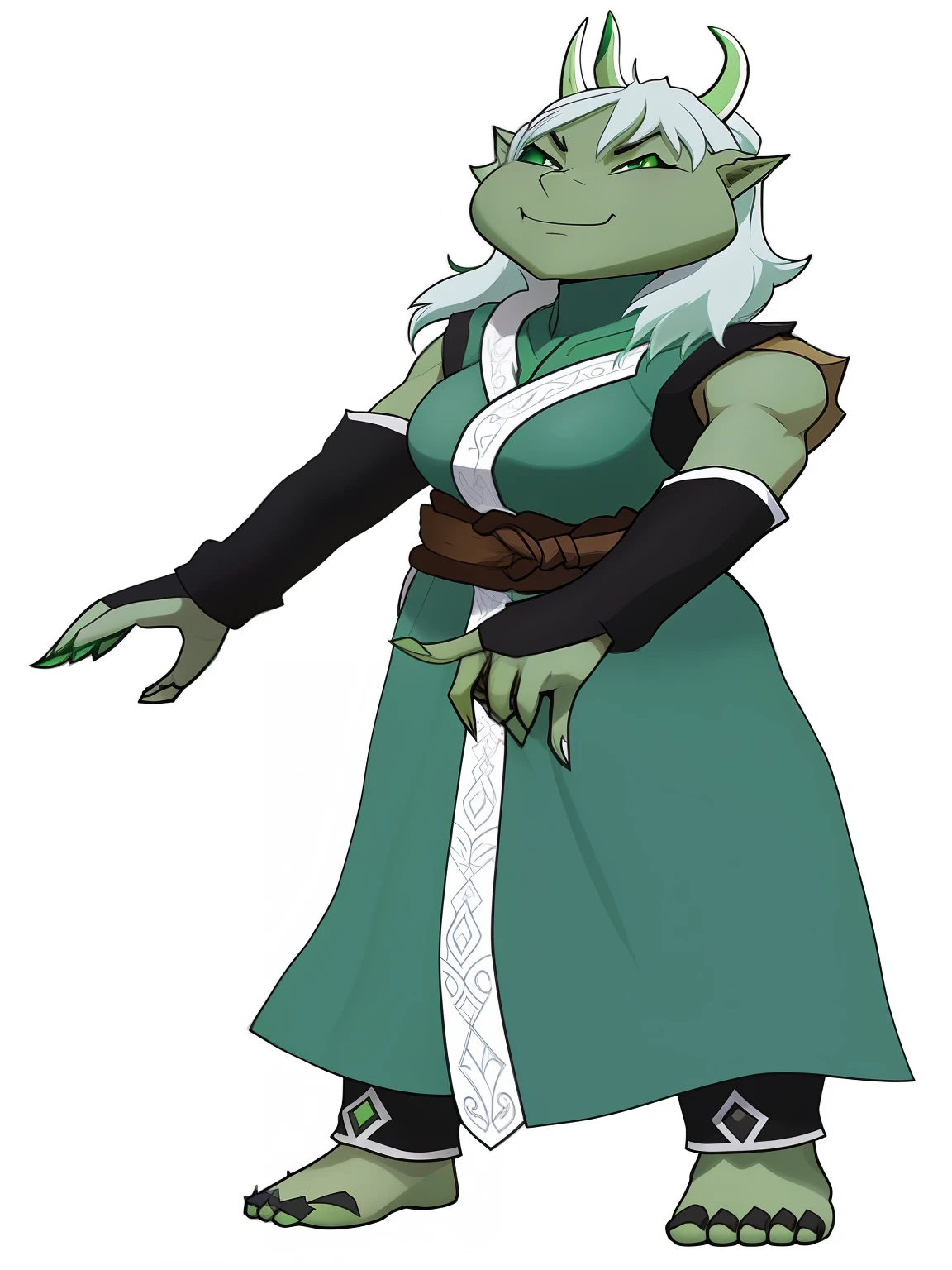 Cartoon of green and white horned character with black belt, asian female water elemental, female earth mage, half oak、half elf woman, human :: magician, blue skin elf, Female oak forest druid, Inspired by Dujin, green orc female, Katara the Avatar, Inspired by Shufang, female druid, Full body close-up shot