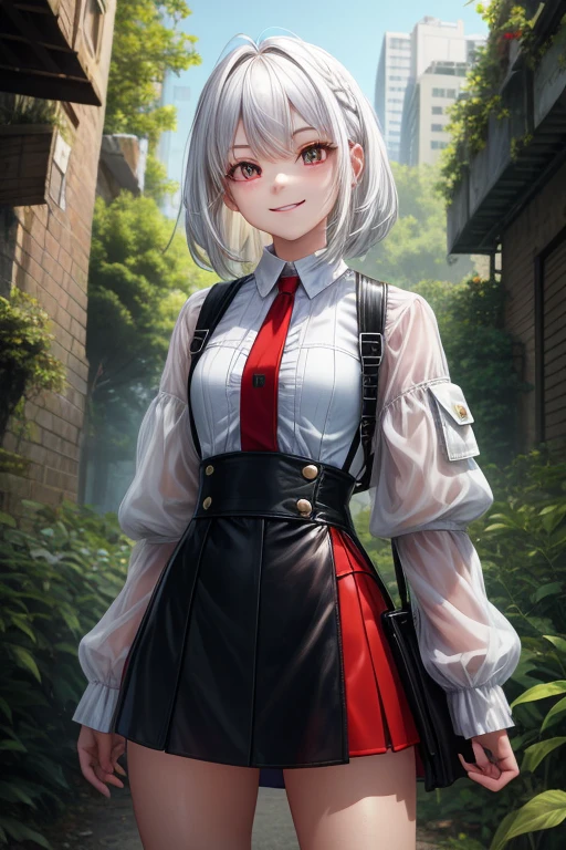 masterpiece, highest quality, confused, perfect anatomy, girl, shrug \(clothing\), long sleeve,Transparent clothing ，mini skirt, Are standing, ruined city, cowboy shot, smile, white hair，Red only the tips of the hair，sunlight filtering through the foliage