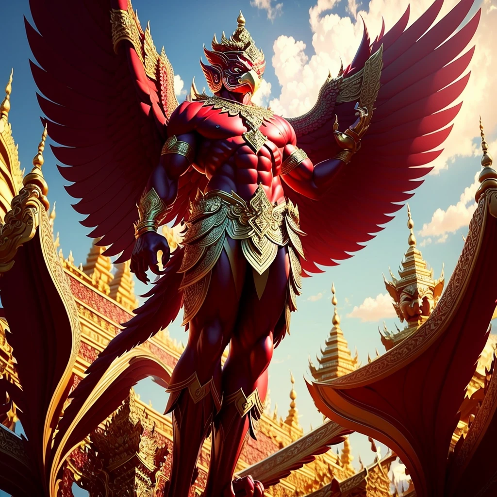 (Garuda 1) Red eyes, muscular body. Best anatomy: Red-skinned Garuda. Red-haired Garuda. Large, outstretched, red-winged Garuda. perfect wingspan Wear jewelry made from gold with Thai patterns. Gold jewelry decorated with diamonds on Garuda's head Wearing Thai cloth pants, Thai silk, red Thai pattern. Hands on hands and legs look like perfect birds. Hands, legs, feet are perfect. Stand on the ground, look straight, stand fully. The skin is the most detailed. The skin is red. The fur is the most detailed red. Red eyes, best detail The best anatomical details, details, cloth, accessories, Thai warrior armor. Best Metal Details Best Weapons Best Weapon Details (Special details Masterpiece quality Realistic Photos(Ultimate Realistic Photos 8k,16k,32k) Maximum realism and best lighting details. Best light quality, best shadows World class photography studio (Best close-up view)(The backdrop of the Thai temple castle is extinguished with gold, silver, emeralds, diamonds, perfect. The background is the sky, clouds, and fog. It feels natural and realistic.)