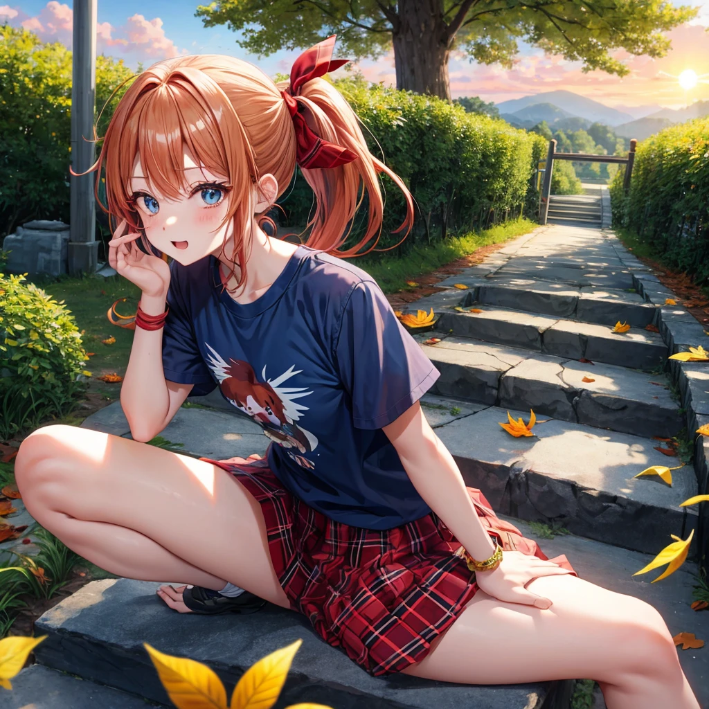 Red-blonde、blue hair、blue eyeraid、ponytail、one good looking girl、solo、anime、Plaid miniskirt、black t-shirt、camisole、forest、sitting、Wearing a plaid baseball cap、Tilting your face、Doing the ribbon、sunset sky、stone bridge、stone stairs、petal、A small bird flying、big tree、tunnel、squirt、Bang、stretching one's back、Fallen leaves
