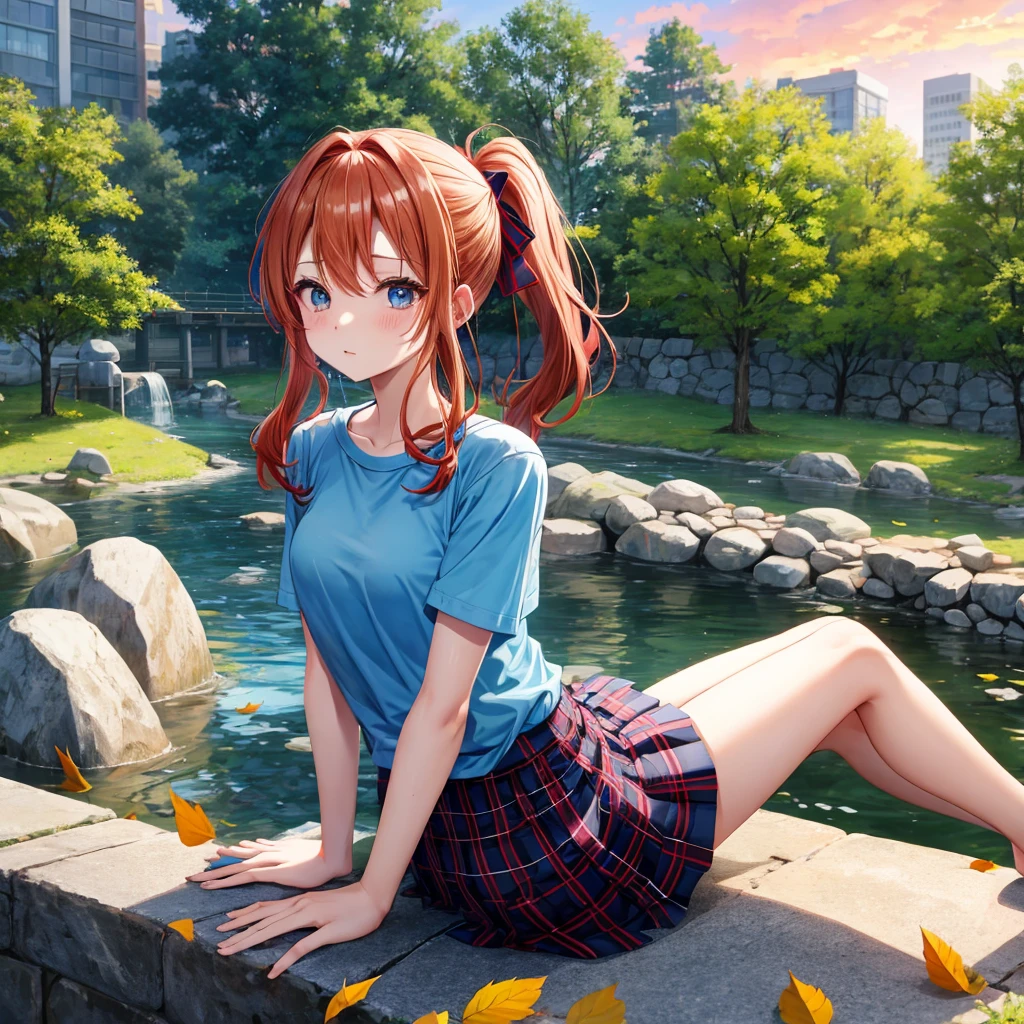 Red-blonde、blue hair、blue eyeraid、ponytail、one good looking girl、solo、anime、Plaid miniskirt、black t-shirt、camisole、forest、sitting、Wearing a plaid baseball cap、Tilting your face、Doing the ribbon、sunset sky、stone bridge、stone stairs、petal、A small bird flying、big tree、tunnel、squirt、Bang、stretching one's back、Fallen leaves