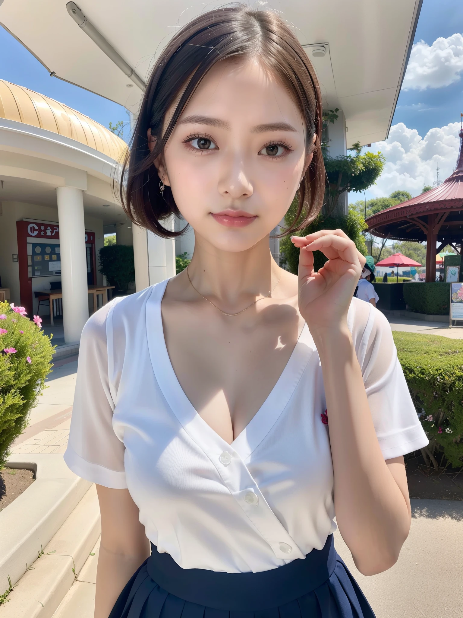 nude, bra top, school uniform skirt, ((of the highest quality, 8K, masutepiece: 1.3, Raw photo)), Sharp Focus: 1.2, (1 AESPA Girl :1.1), (Solo: 1.15), (Realistic, Photorealistic: 1.37), (Face Focus: 1.1), Cute face, hyperdetailed face, Short messy hair, updo, Small breasts, flat chest, Thigh, amusement park, flower, from below