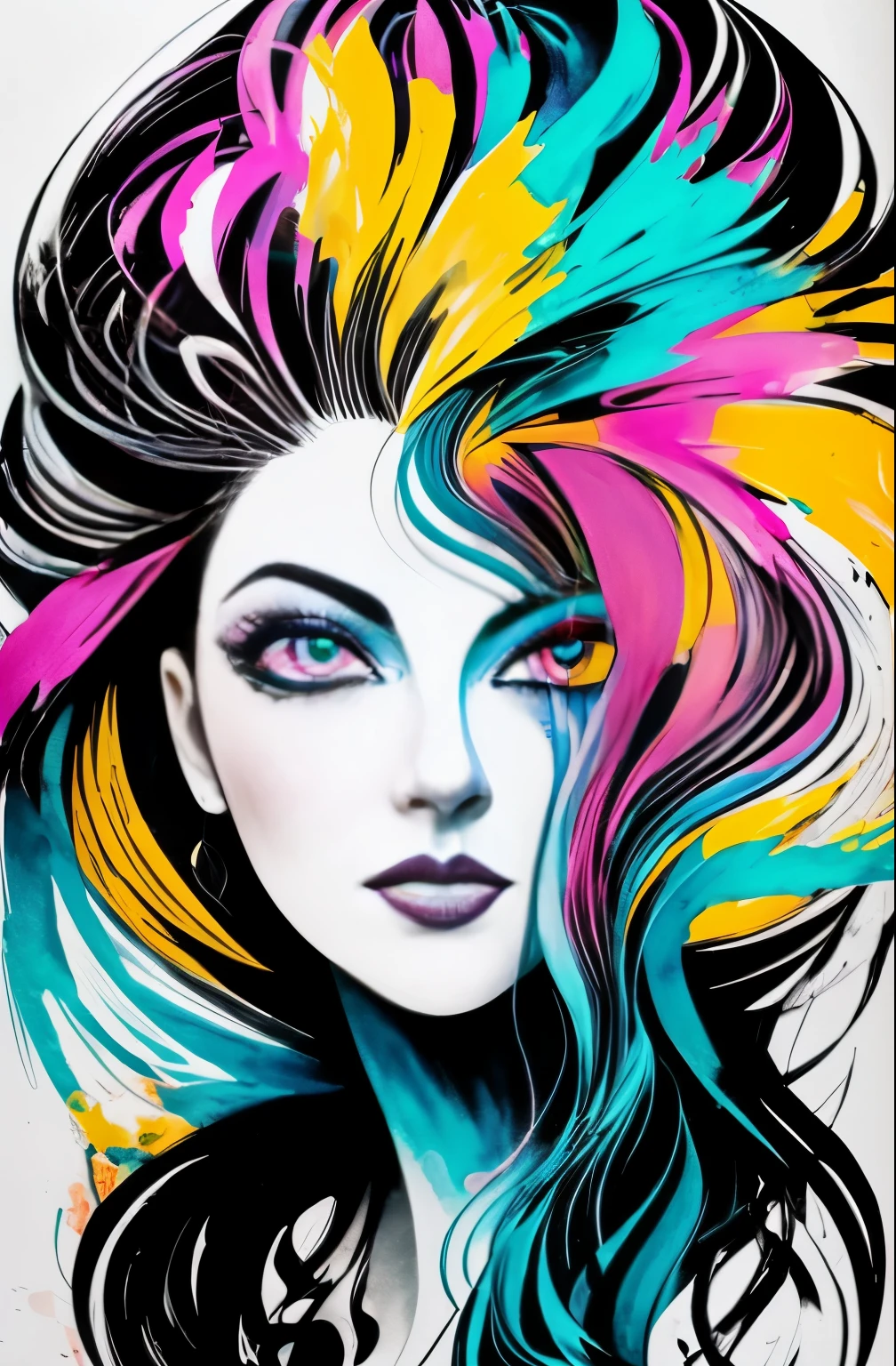 black and white drawing of a woman with a face, Sylvia Pelissero watercolors, tumbler, abstract art, Intense watercolor painting, watercolor detailed art, watercolor splash, surreal, Avant-garde pop art, Beautiful and expressive painting, Beautiful artwork illustration, very colorful tones, Fantastic, cool beauty, highest quality,official art, women only, sharp outline, best shot, vector art