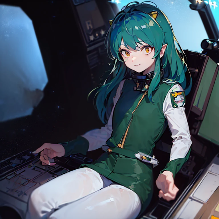 16k,(masterpiece:2),(best quality:2),(realistic),((ultra detailed)),(cinema lighting),(upper body), 2-tone green color long hair, a matured female,medium breasts,(a pilot of a small space fighter:2),(((((sitting and manipulating the control stick by hands)))),((in white spacesuit)),,(smile),lum,lumlum,horns,,(((in the cockpit of a small space fighter))),((((looking forward))),,(((many stars and the outer space out of the cockpit))),