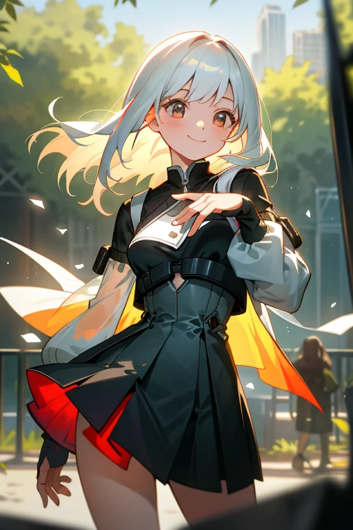 masterpiece, highest quality, confused, perfect anatomy, girl, shrug \(clothing\), long sleeve,Transparent clothing ,mini skirt, Are standing, ruined city,Dark background, cowboy shot,smile, white hair,Red only the tips of the hair,sunlight filtering through the foliage