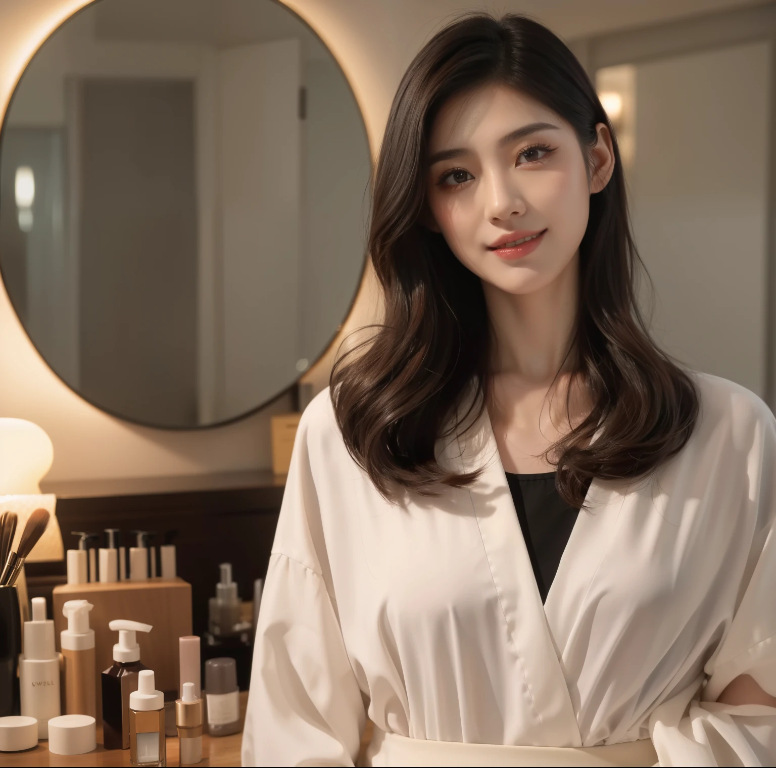 highest quality,4k,8k,Highest image quality,hairdresser standing in front of the mirror,beautiful woman,with professional makeup, popular korean makeup, japanese model, young asian woman, Background with shampoo, conditioner, etc.