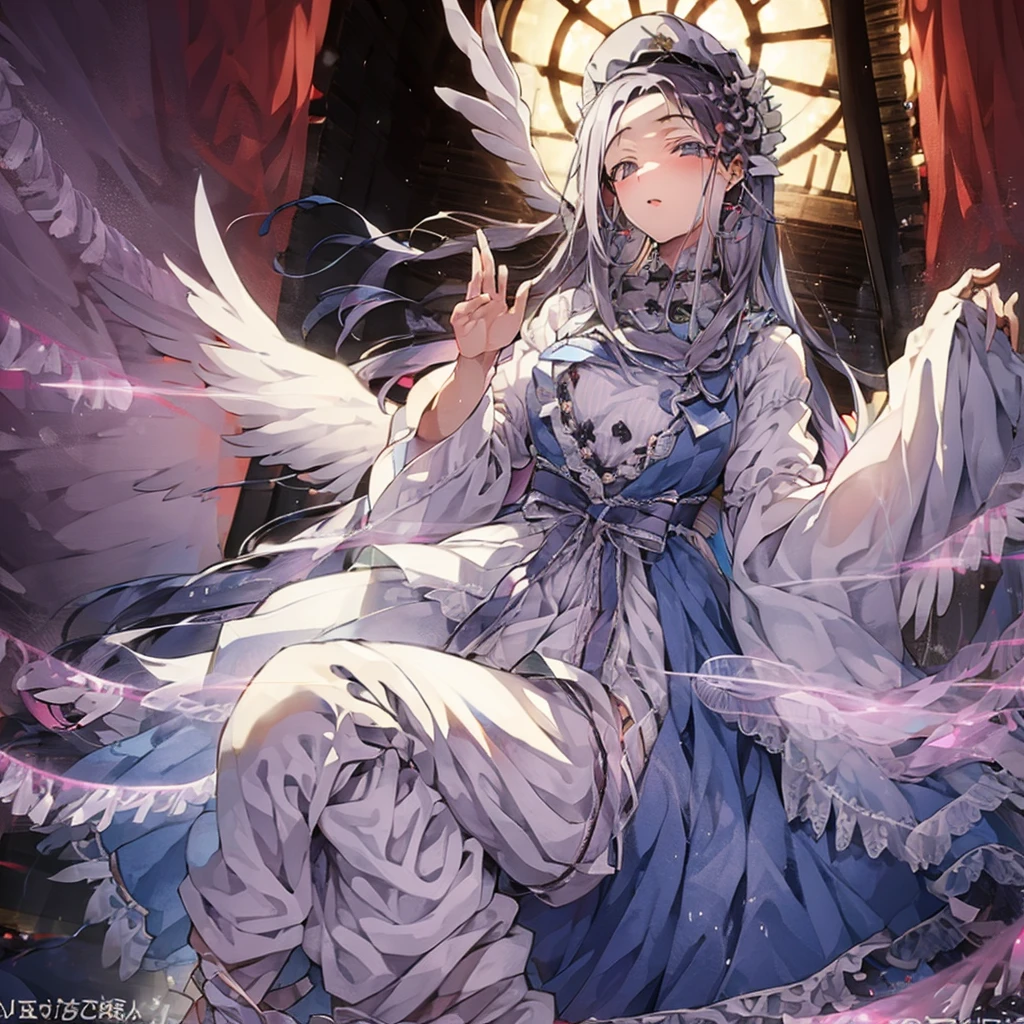 8K　4K　Beautiful images　masterpiece　Super high quality　wallpaper　beautiful少女　aristocratic dress　church　Light　angel wings　fantasy　one girl　1 girl　Beautiful　beautiful　flower　廃墟のchurch 超美麗　ultra high resolution　A Saint Full of Charity　Estrus　girl praying　Lightが降り注ぐ　silver hair　flower飾り　garter belt　white　Cang