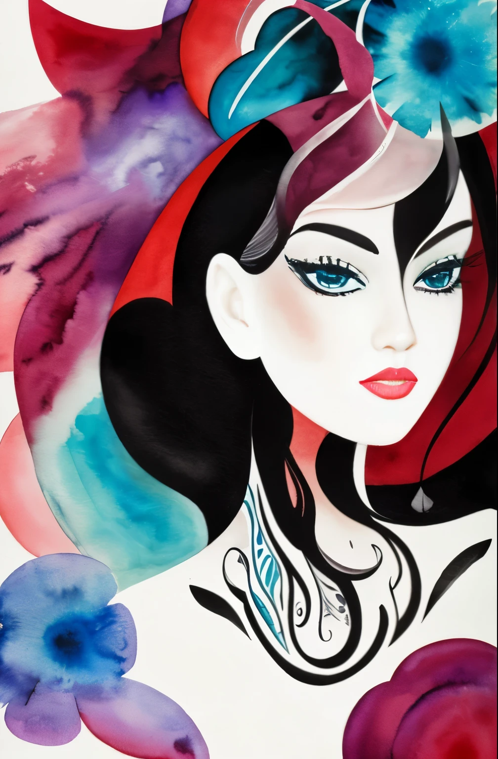 black and white drawing of a woman with a face, Sylvia Pelissero watercolors, tumbler, abstract art, Intense watercolor painting, watercolor detailed art, watercolor splash, surreal, Avant-garde pop art, Beautiful and expressive painting, Beautiful artwork illustration, very colorful tones, Fantastic, cool beauty, highest quality,official art, women only, sharp outline, best shot, vector art