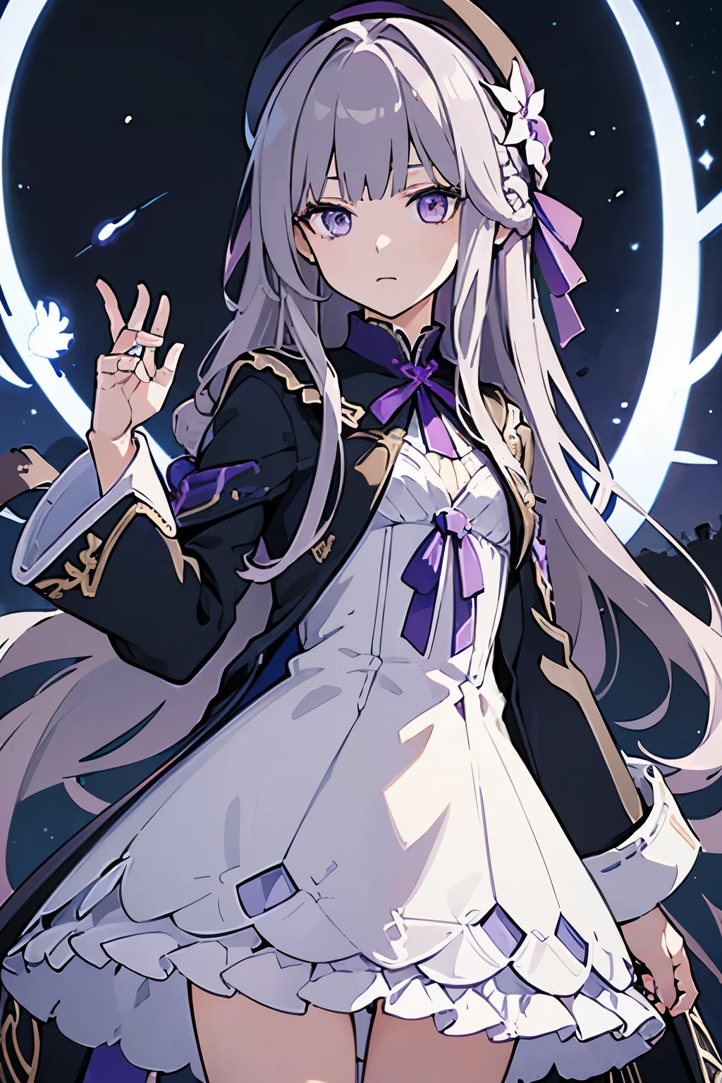 (best quality:1.3), (masterpiece:1.3), (illustration:1.3), (ultra-detailed:1.3), 1girl, solo, very young, flat chest, purple eyes, white hair, long hair, white dress, black coat, black beret, serious expression, looking at viewer, purple flower, hair ornament, short, french braid, night sky,