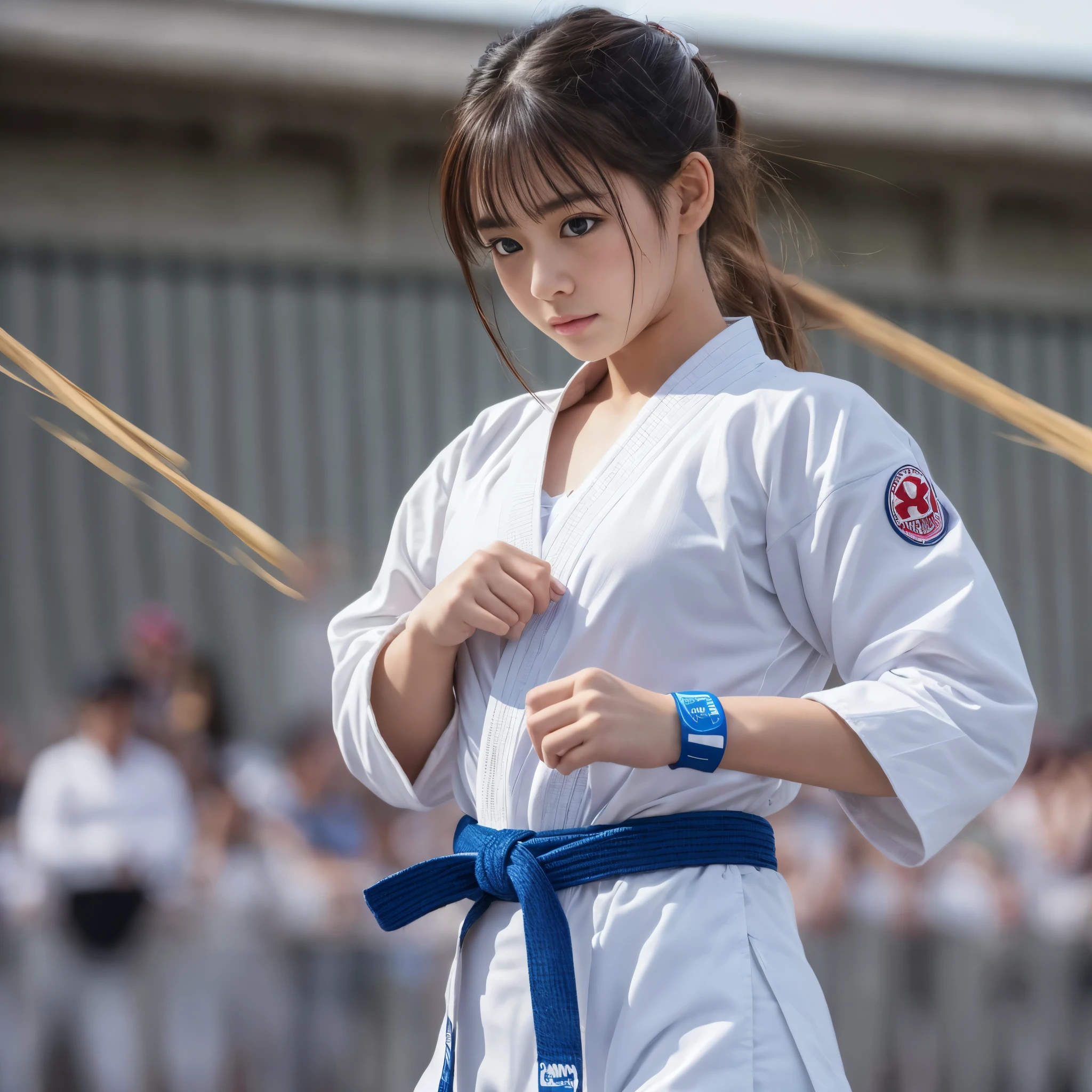 (RAW photo:1.2), (realistic), beautiful detailed girl, very detailed eyes and face, beautiful and fine eyes, huge file size, High resolution, very detailed, highest quality, [table top:1.6], figure, very detailed, small details, highest quality, 8K Dende Wallpaper, movie lighting, girl, female martial artist, Karate Poses, outdoor fighting tournament, Hold it up, A torn and tattered gi,  I can see my underwear., Her judo uniform is torn、her white bra is visible, white lace bra, ponytail, serious expression, Bra straps are out of place, I can see my underwear.よ,  My uniform pants were torn.,  I can see white cotton pants, slim body, young face, small chest, stadium