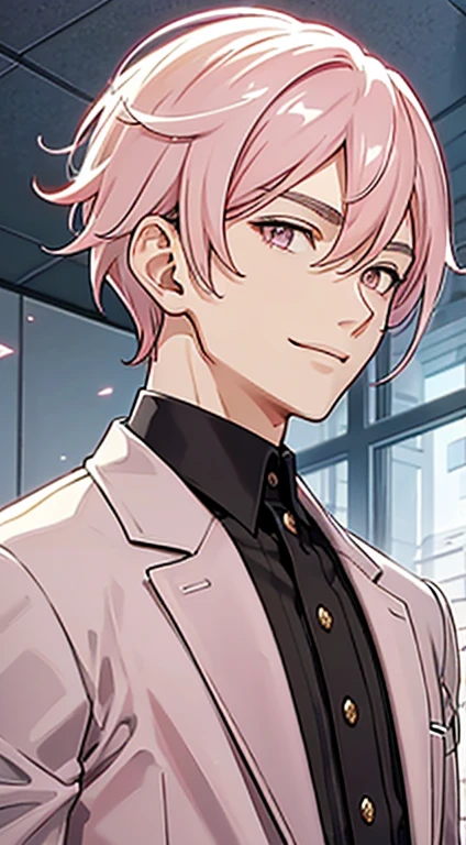 1boy, ((light pink hair color)) , short hair, black clothes, (light pink eyes color)、Unparalleled beauty,face perfect、、Magazine covers、(Two men、Men only),Perfect Eye、Golden Eyes、Luxury brand clothes、Outerwear、ファッションmodeled、actor、modeled、brand costumes、ファッションMagazine coveran with broad shoulders、Stocky physique、provocative smiling、well-muscled、