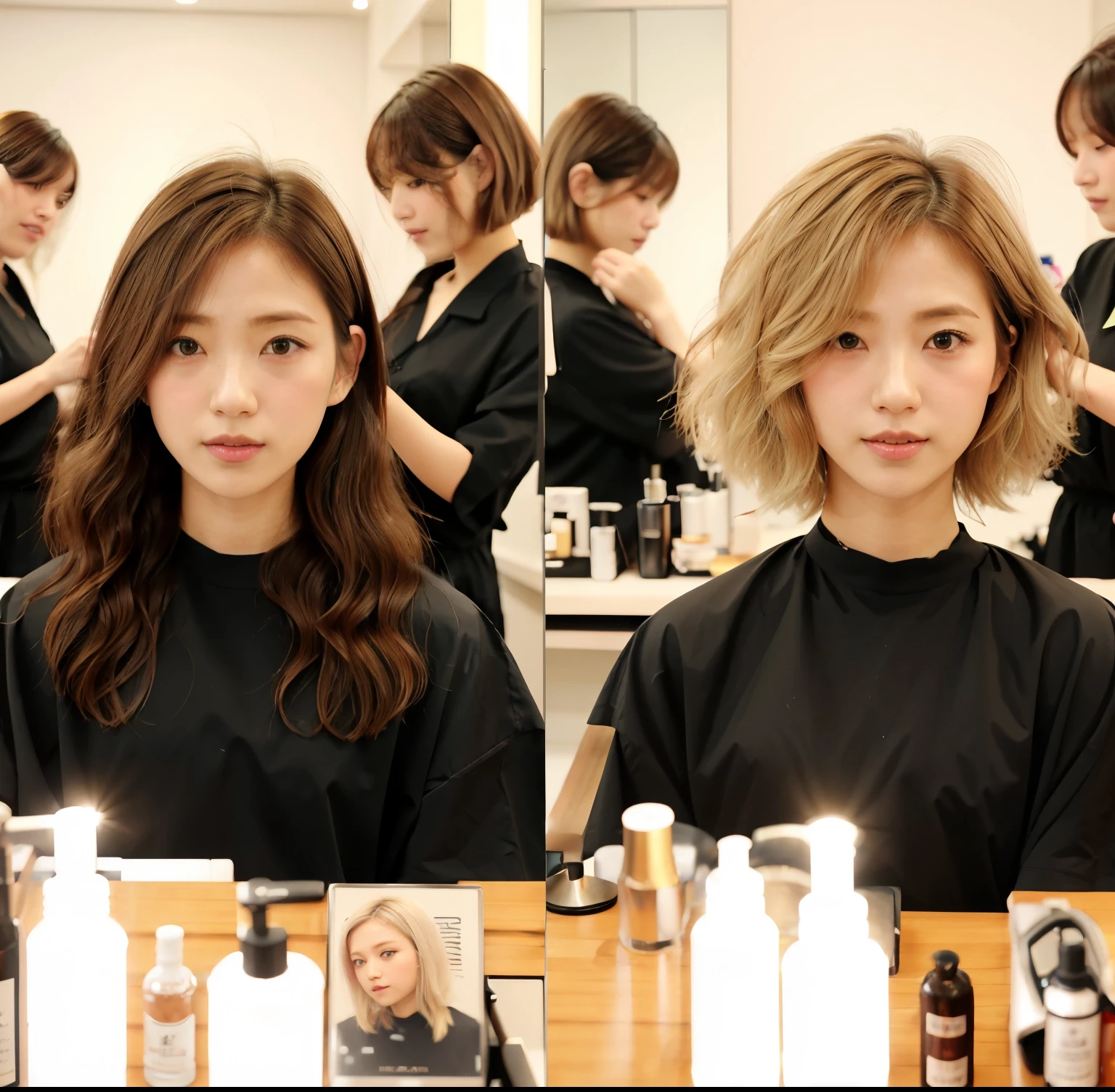 Around 40 women getting their hair cut at a salon, with shortヘア, with same hairstyle, Hair dyeing, princess cut, shortヘア cut, shortヘアcut, Before and after, bob cut, Cut style, short～long hair, shortヘア, Haircut in the middle part of curly hair, Smooth color, medium shortヘア, middle length hair, by Kanbun Master,Women of the same person,Before and After