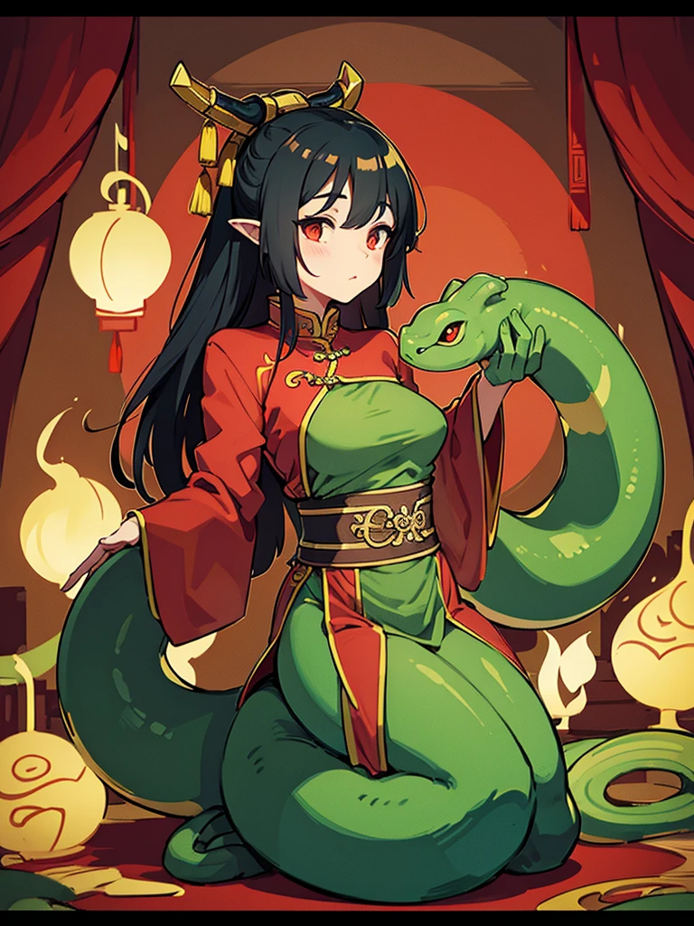 The photo is of a masterpiece-level dragon girl,She has peach blossom eyes and green eyes,Long black hair showing forehead,Wearing an anime-style white slip dress,On the forehead is a pair of jasper dragon horns that grow backwards,Dragon tail with black scales behind the buttocks,There are also small thick legs and goose egg faces,Slightly thick and long natural eyebrows。