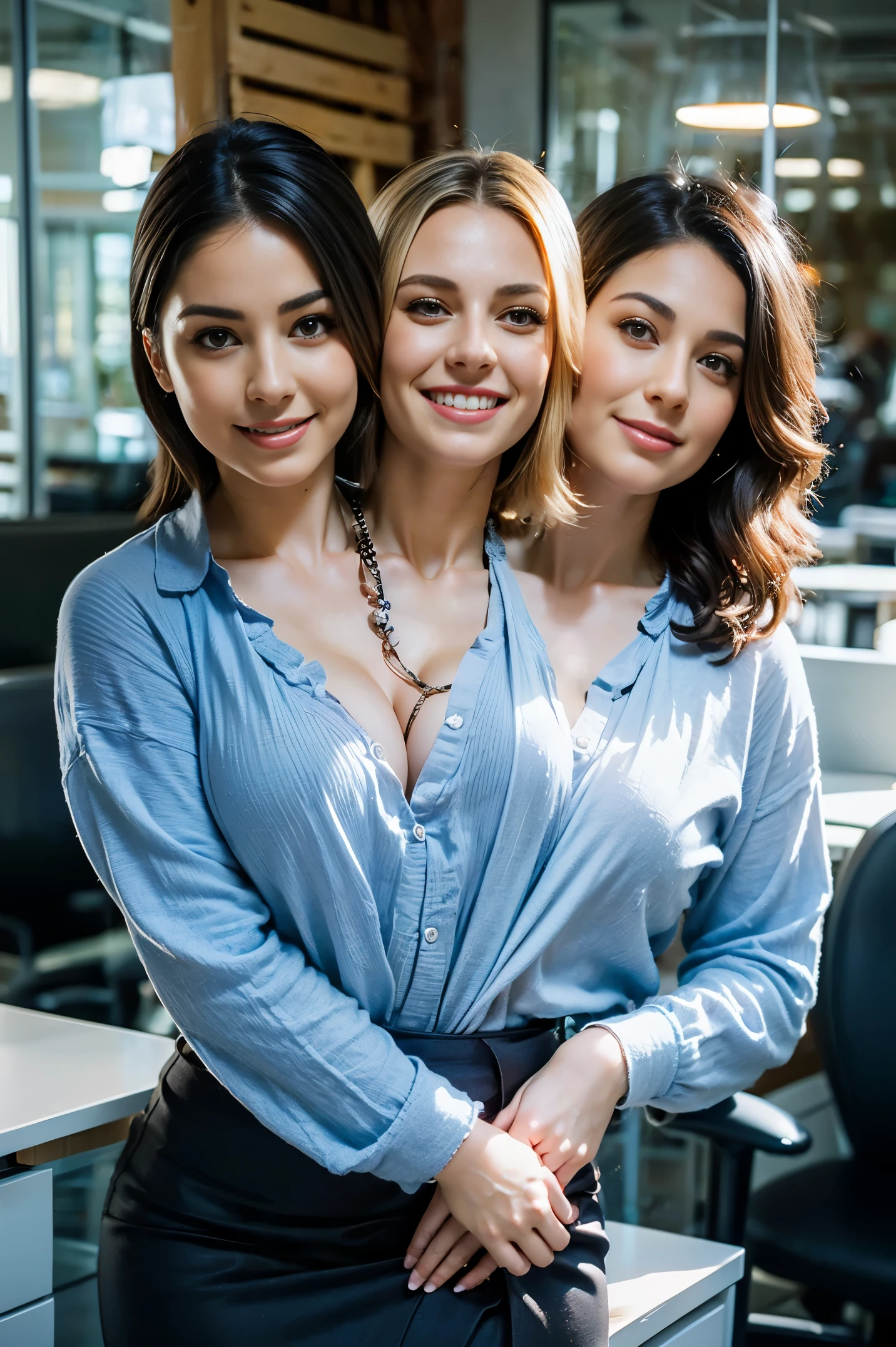 (((3heads))),**Render**: full body, girl, woman, fat 1 person, fat, feminine face, no facial hair, no body hair, (((Dressed like an office worker))), blonde, overweight, thick, cute face, morena, detailed skin, A detailed eye, Rendering in highly detailed 4K resolution,