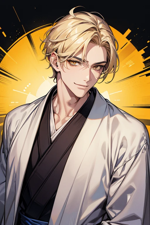 (muste piece), (best quality), extremely detailed, 1 man, solo, perfect face, pretty face, highly detailed face,yellow short hair, yellow eyebrows、Handsome man with expressive eyes, smiling, yellow eyes、(((kimono)))、Huangze Ryota