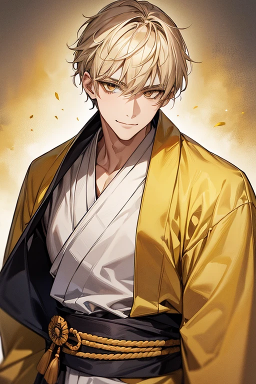 (muste piece), (best quality), extremely detailed, 1 man, solo, perfect face, pretty face, highly detailed face,yellow short hair, yellow eyebrows、Handsome man with expressive eyes, smiling, yellow eyes、(((kimono)))、Huangze Ryota