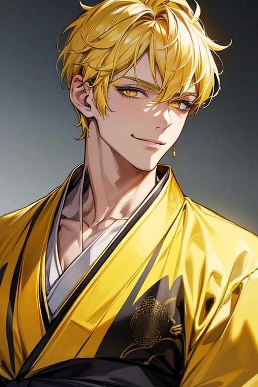 (muste piece), (best quality), extremely detailed, 1 man, solo, perfect face, pretty face, highly detailed face,yellow short hair, yellow eyebrows、Handsome man with expressive eyes, smiling, yellow eyes、(((kimono)))