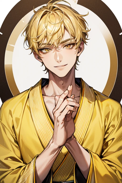 (muste piece), (best quality), extremely detailed, 1 man, solo, perfect face, pretty face, highly detailed face，yellow short hair, yellow eyebrows、Handsome man with expressive eyes, smiling, yellow eyes、(((kimono)))