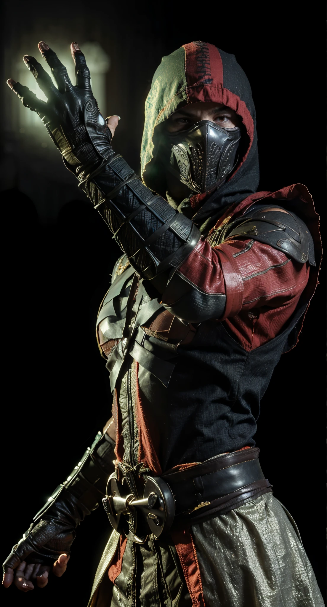 (masterpiece),(best quality:1.0),(ultra high resolution:1.0), ermac, mortal kombat, hood , mummy, mummy, red t-shirt, bandage,closeup, detailed, face focus, 8k wallpaper