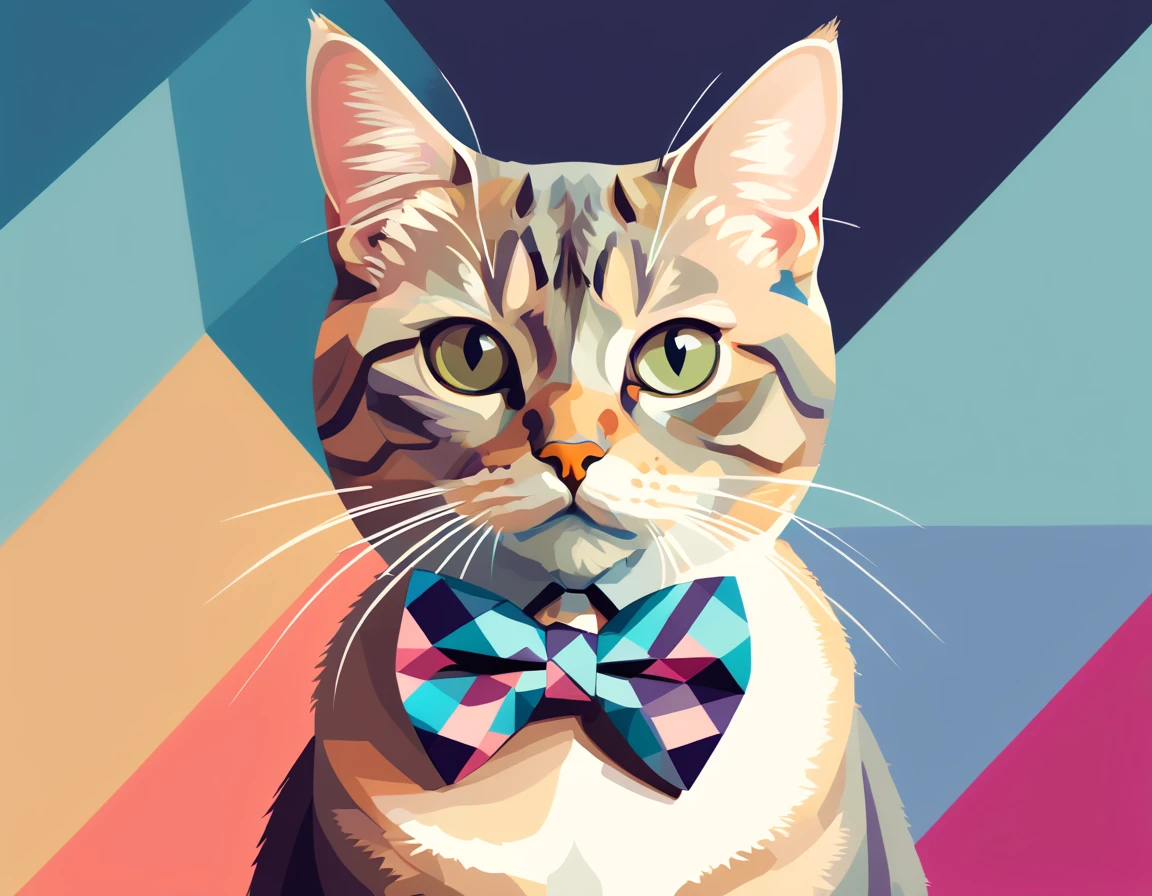 Painting of a cat with a bow tie and a geometric background, in illustration style digital, bela arte digital, Arte de Alessandro Pautasso, Gato. pintura digital, contemporary digital art, arte digital pintada, arte vetorial altamente detalhada, em estilo de pintura digital, bela arte digital, arte digital impressionante, Arte digital colorida, exquisite digital illustration