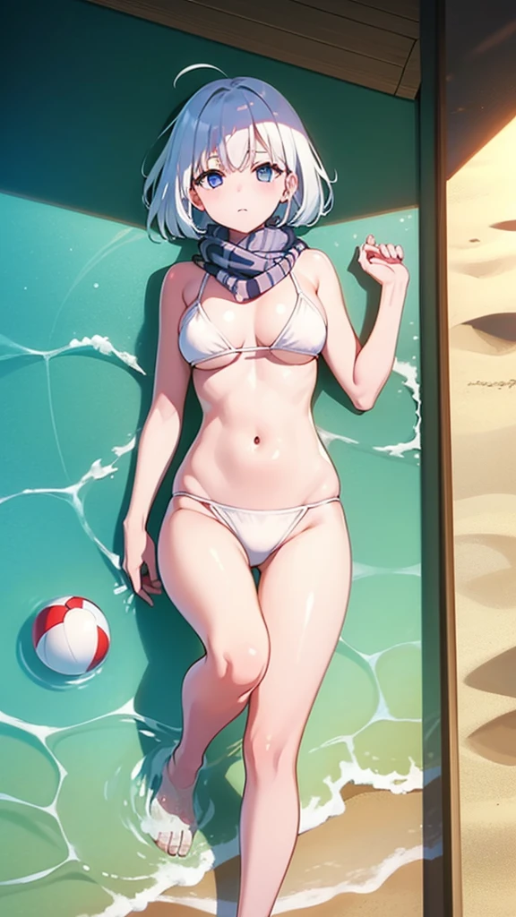 masterpiece, best quality, 1 solo girl, white hair, violet eyes, short hair, medium breasts, mature body and face, wavy hair, white bikini, scarf, beach, white sand, beach ball, summer, leg up, cowboy shots, detailed body, face, and eyes, sharp focus, vibrant, creative, dynamic, high definition, high resolution, 8k, (Upscale: R-ESRGAN 4x+ Anime6mage enchance:4x), voluptuous body, lying at the sand